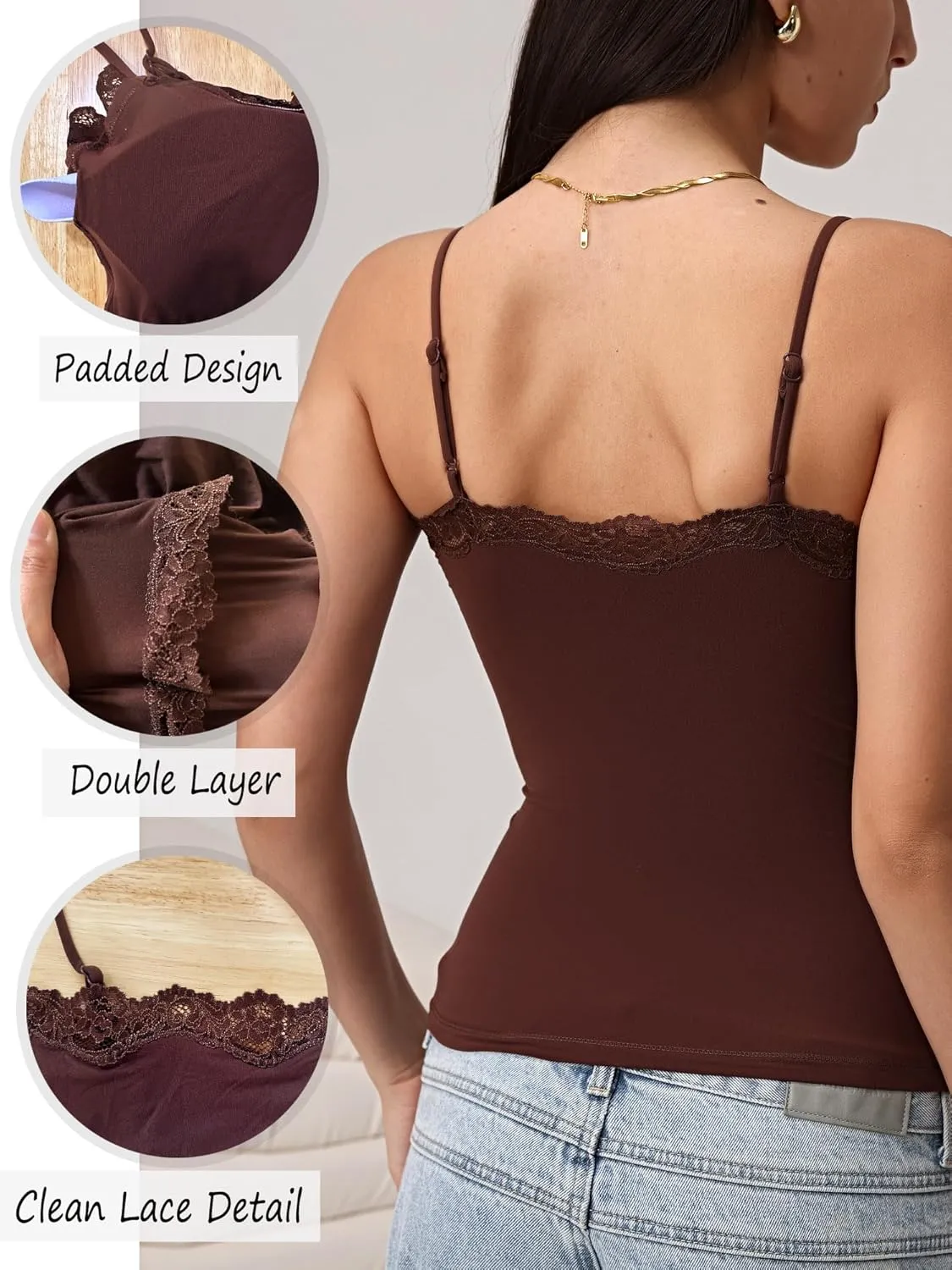 Starrylion Padded Lace Cami Top Double Lined Sexy Tank Top Spaghetti Strap Club Party Shirt