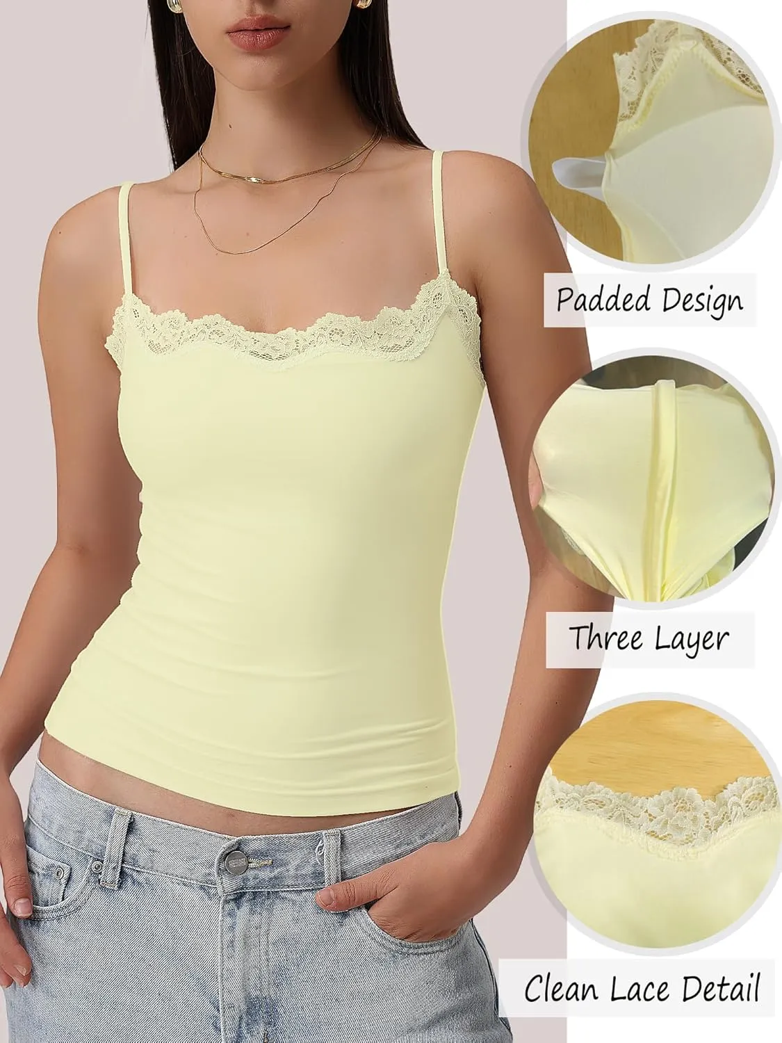 Starrylion Padded Lace Cami Top Double Lined Sexy Tank Top Spaghetti Strap Club Party Shirt