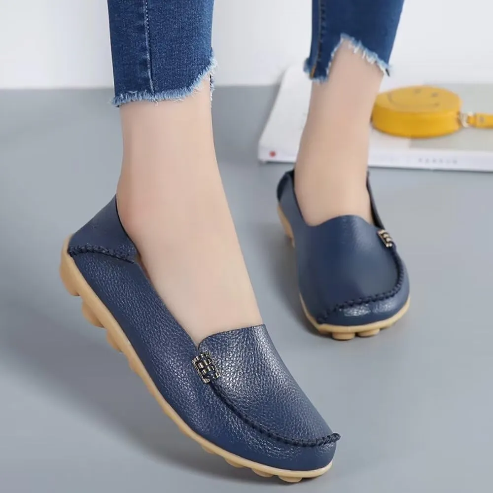 Sunporx Women's Driving Loafers Leather Comfortable Moccasins Breathable Slip On Nurse Loafer Round Toe Wild Walking Fashion Soft Shoes