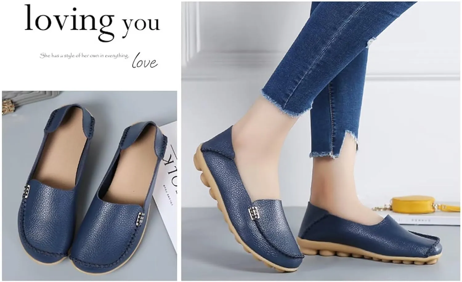 Sunporx Women's Driving Loafers Leather Comfortable Moccasins Breathable Slip On Nurse Loafer Round Toe Wild Walking Fashion Soft Shoes