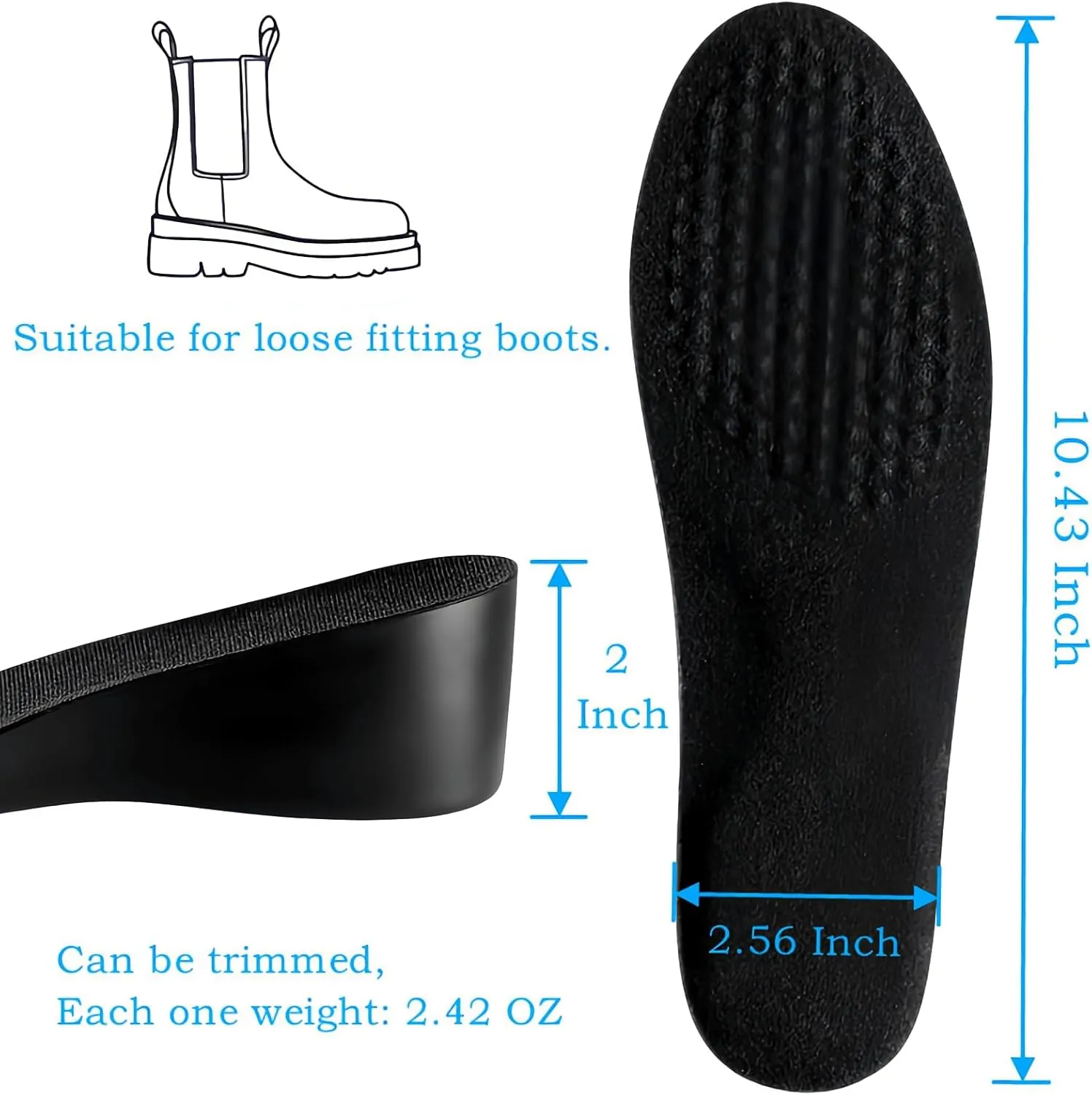 Taller Shoe Insert,Brandone Orthopedic Highpads for Men,Shoe Height Increase Booster Insoles Inserts,Heel Wedges,Rizzsoles,Heel Lifts for Achilles Tendonitis (10.43''Lx2''UP) (1Pair)