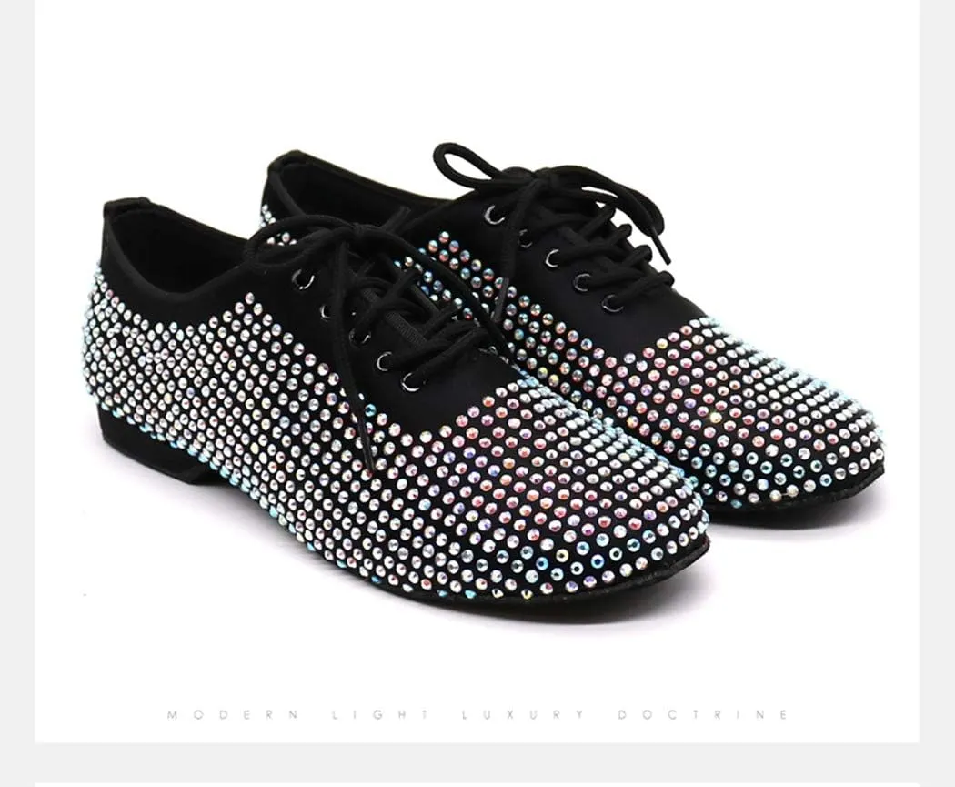 TDA Men's Comfort Standard Low Heel Soft Outsole Satin Studded Rhinestones Tango Ballroom Salsa Chacha Character Latin Modern Dance Shoes