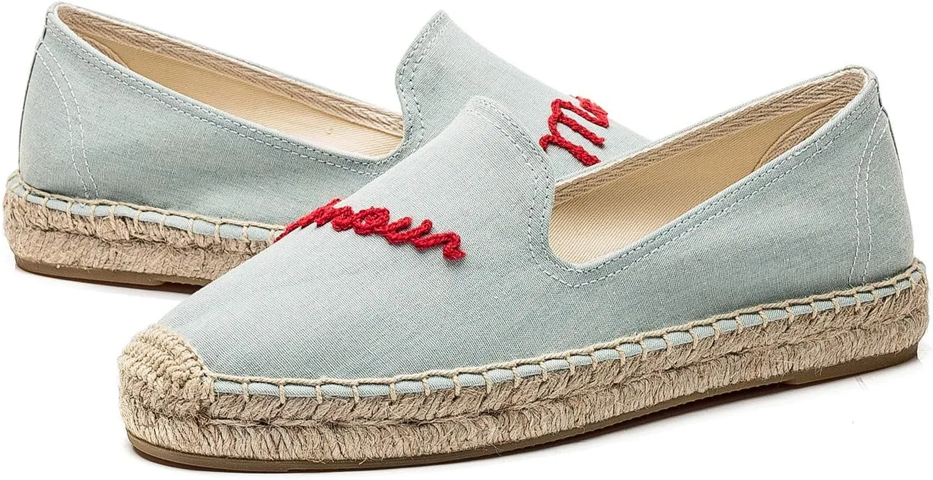 U-lite Women's Cap-Toe Slip on Flats Shoes Platform Espadrilles Embroidery Canvas Linen Loafers