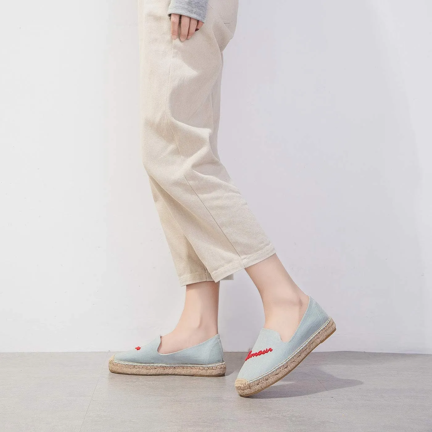 U-lite Women's Cap-Toe Slip on Flats Shoes Platform Espadrilles Embroidery Canvas Linen Loafers