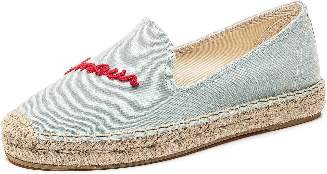 U-lite Women's Cap-Toe Slip on Flats Shoes Platform Espadrilles Embroidery Canvas Linen Loafers