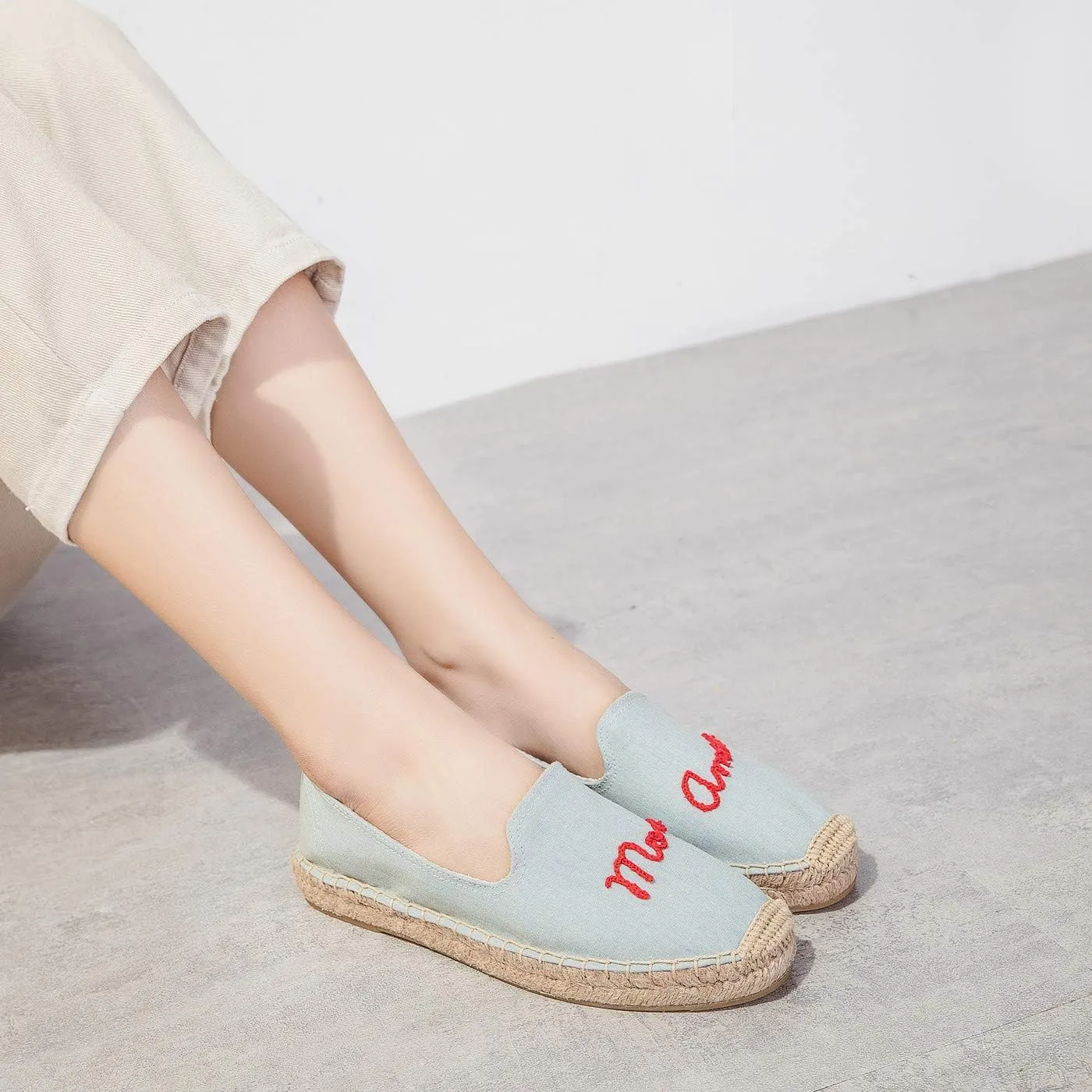 U-lite Women's Cap-Toe Slip on Flats Shoes Platform Espadrilles Embroidery Canvas Linen Loafers