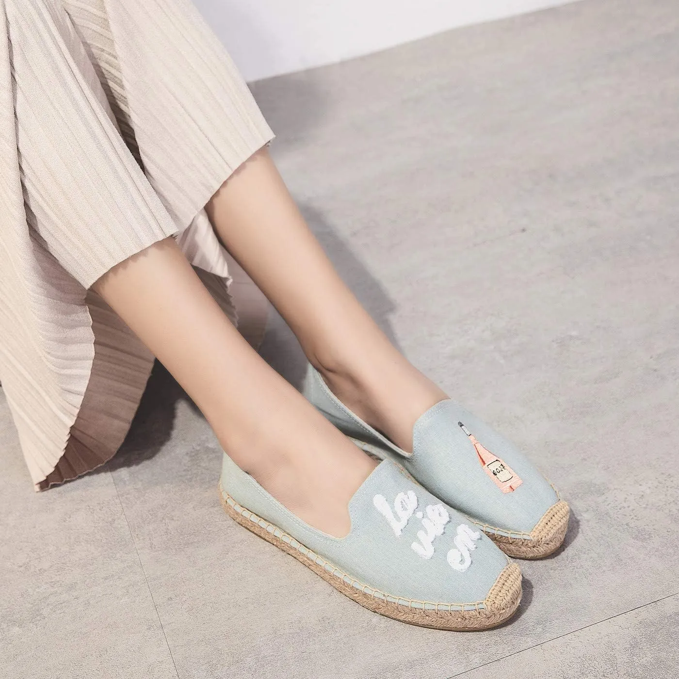 U-lite Women's Cap-Toe Slip on Flats Shoes Platform Espadrilles Embroidery Canvas Linen Loafers