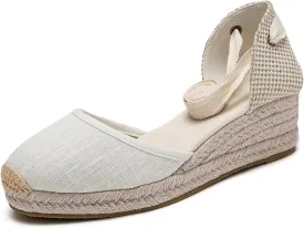 U-lite Womens Platform Wedge Sandals Espadrilles Closed Toe Ankle Strap Lace Up Ankle-Tie Strap Classic Espadrille Heel