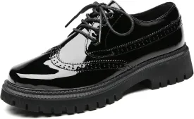 Womens Vintage Oxford Shoes Platform Lace-up Round Toe Patent Leather Brogues Casual Oxfords for Girls Ladies Women