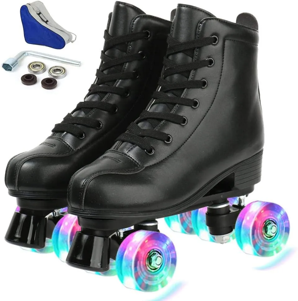 YYW Roller Skates for Women Men, High Top PU Leather Classic Double-Row, Indoor Outdoor, Beginner Shoes Bag